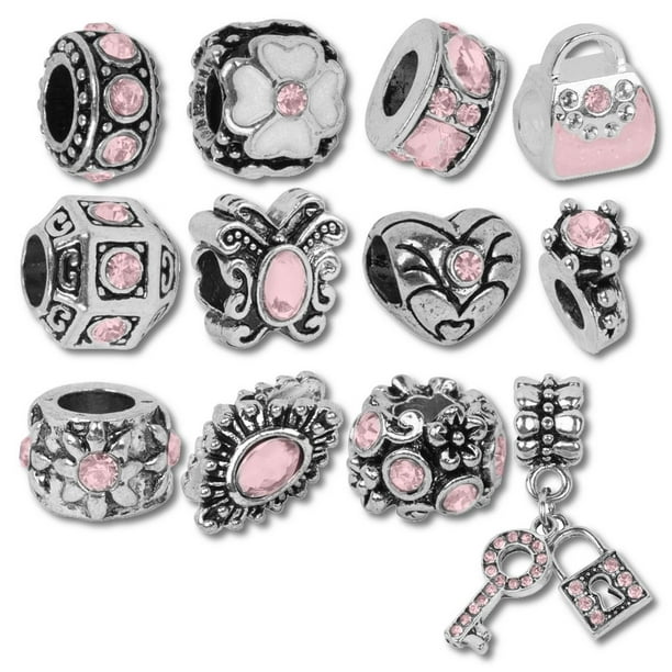 Hot Pink Crystal Goldtone Heart Custom Year Stainless Steel Heart Bead Charm Mini October 